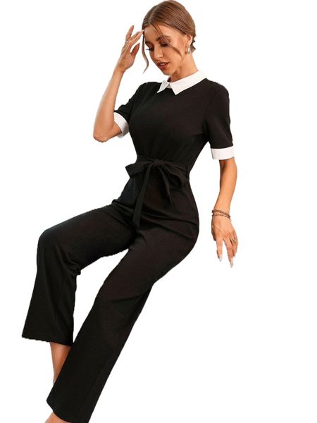 

contrast collar zip back belted shirt jumpsuit k8id#, Black;white