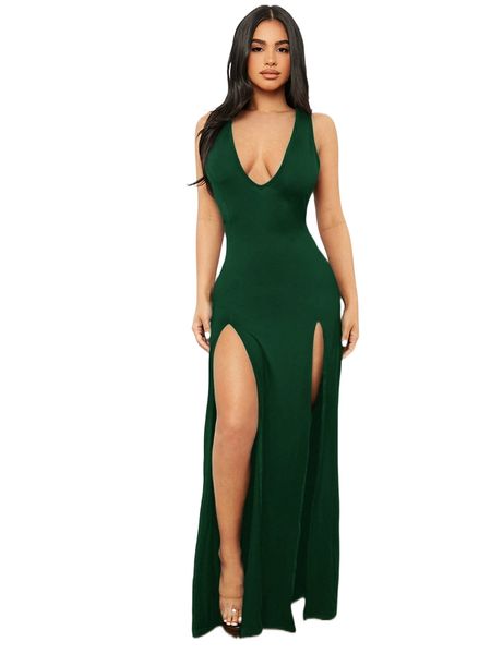 

sxy solid split thigh plunging neck bodycon dress y6jb#, Black;gray