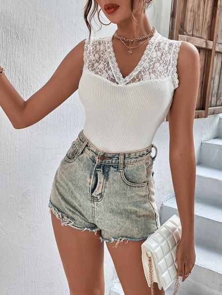 

lace trim ribbed knit h6by#, White;black