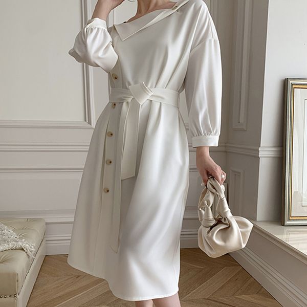 

women's folding collar dress female long sleeves waist show thin elegant temperament spring and summer, Black;gray