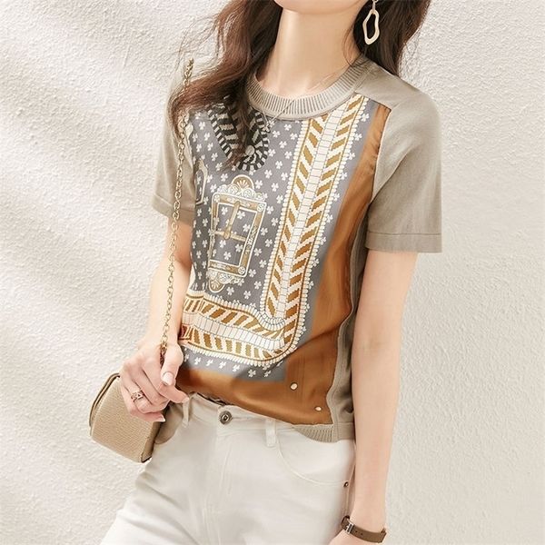 

vintage print patchwork knitted t shirt women fashion short sleeve camisetas de mujer loose graphic t shirts o-neck summer 220509, White