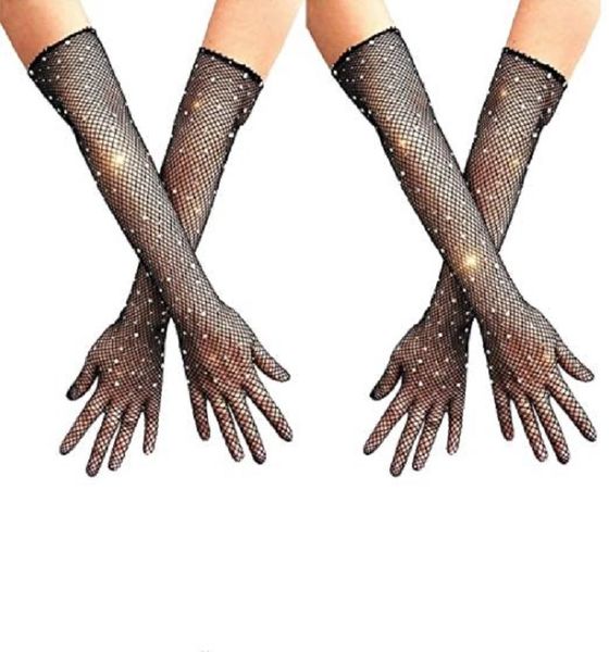 Damen-Fischnetz-Handschuhe mit Strasssteinen, lange Flapper-Kostüm-Zubehör, Netz-Armmanschette, funkelnder Glitzer-Opernhandschuh für die 80er- und 1920er-Jahre