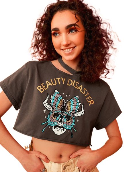 

x drawdoland butterfly and skull print asymmetrical shoulder crop tee y0hm#, White