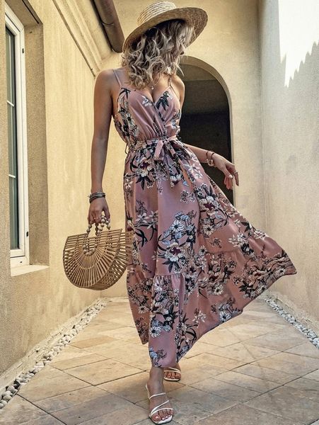 

floral print ruffle hem belted cami dress b44k#, Black;gray