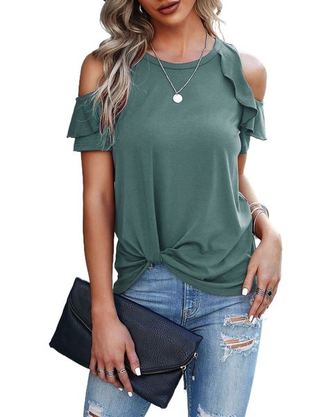 

cold shoulder ruffle trim asymmetrical hem tee p8vq#, White