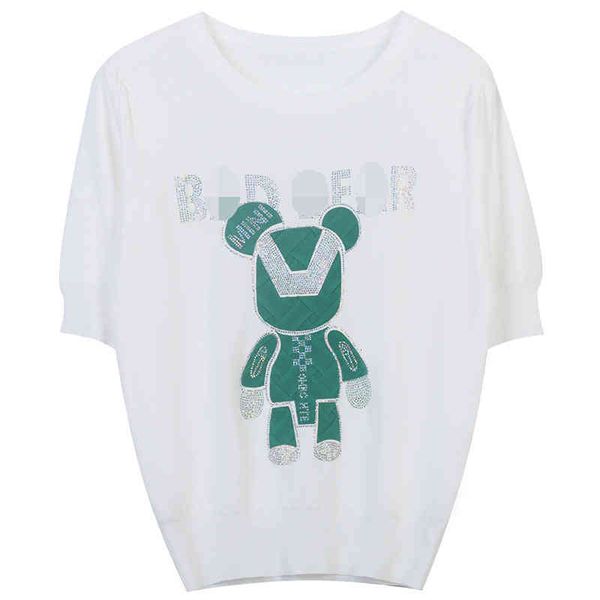

women's sweaters high grade white t-shirt women's 2022 summer heavy industry drill bear round neck short sleeve sweater ins korean, White;black
