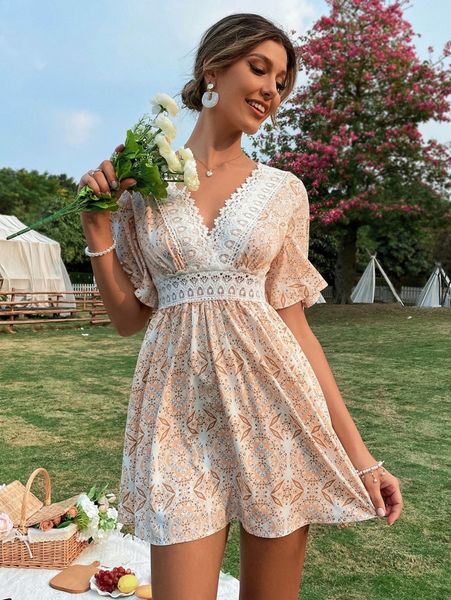 

random print tie back v neck dress j72g#, Black;gray