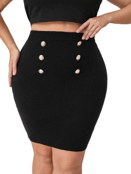

plus double breasted bodycon knit skirt e0wm#, Black