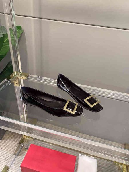 

sandals spring / summer rv original soft patent leather metal square buckle shallow mouth flat bottom comfortable temperament women's s, Black