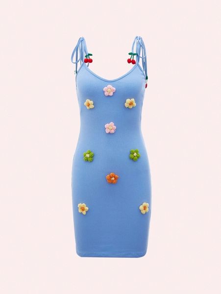 

mod applique tie shoulder ribbed knit cami dress k9eq#, Black;gray