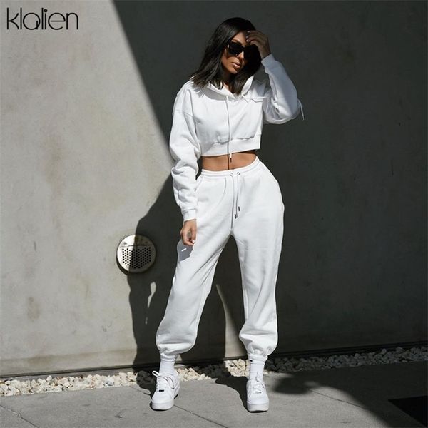 

klalien autumn high street casual hoodie and trousers two piece set women fashion cotton simple slim hoodie two piece set new lj201118, White