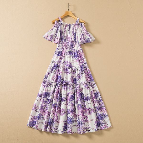 

european and american women's wear spring 2022 new horn sleeve with a collar wisteria floral print fashion cotton pleated dress, Black;gray