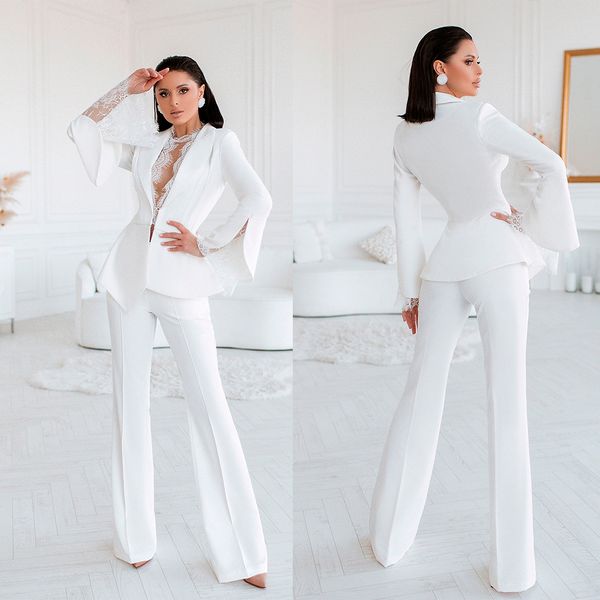 Smoking da sposa in pizzo bianco da donna cappotto da giacca a maniche lunghe da donna abiti 2022 set di pantaloni casual a gamba larga da donna