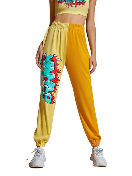 

x squid house high waist letter graphic color block sweatpants q2h6#, Black;white