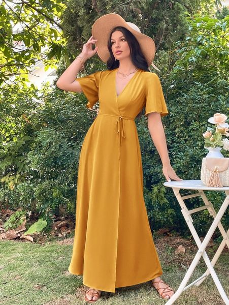 

split butterfly sleeve wrap tie side maxi dress p6xt#, Black;gray