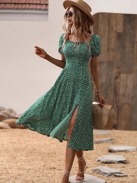 

ditsy floral print puff sleeve split thigh dress b92e#, Black;gray