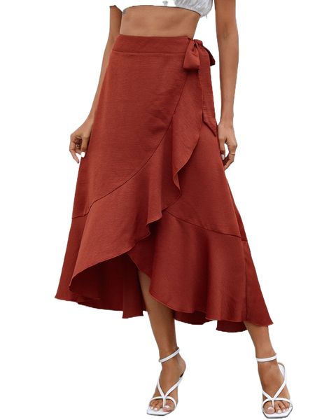 

ruffle trim tie side satin wrap skirt n86v#, Black