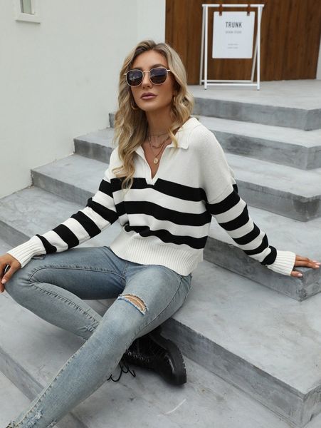 

striped drop shoulder sweater 56xm#, White;black