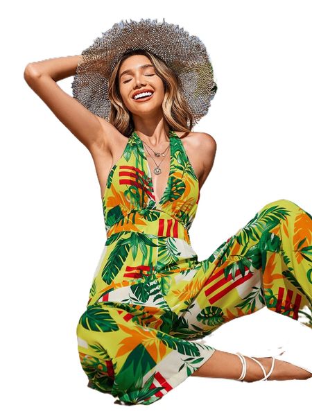 

tropical tie backless wide leg halter jumpsuit d9v8#, Black;white