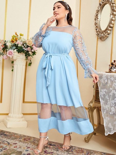 

plus belted contrast mesh dress d9rk#, Black