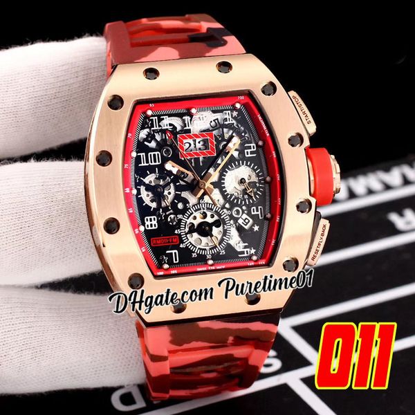 2022 A21J Automático Homens Rose Gold Rose Big Date Squeleleton Dial Red Black Camouflage Rubber Strap Super Edição 5 Estilos PureTime01 E139-011F6