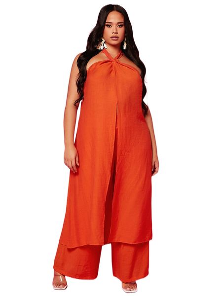 

plus 1pc split front tie backless halter w508#, Black