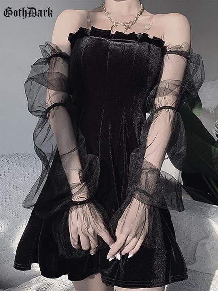 

mesh vintage gothic dresses egirl aesthetic transpanent strap pleated dress chic punk hip hop grunge emo alt clothes, Black;gray