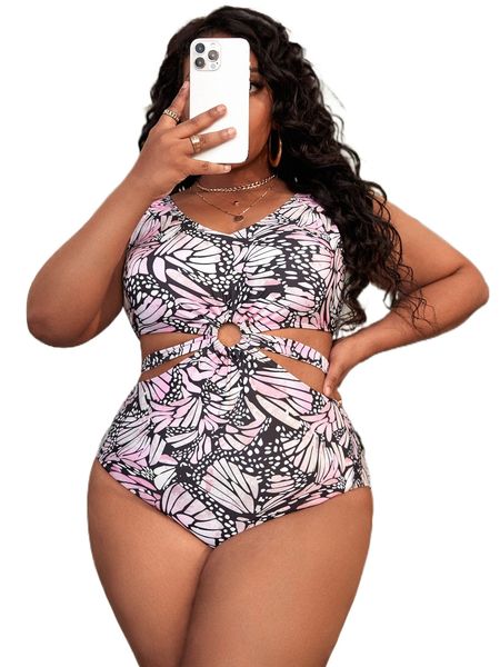 

plus floral ring linked cut-out one piece swimsuit t2nu#, White;black