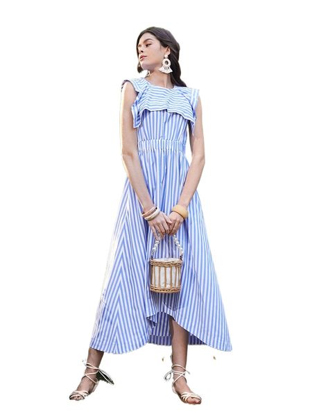

vertical striped sailor collar high low hem dress i4cn#, Black;gray