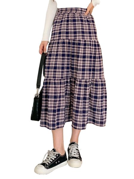 

dazy plaid print ruffle hem skirt l97k#, Black