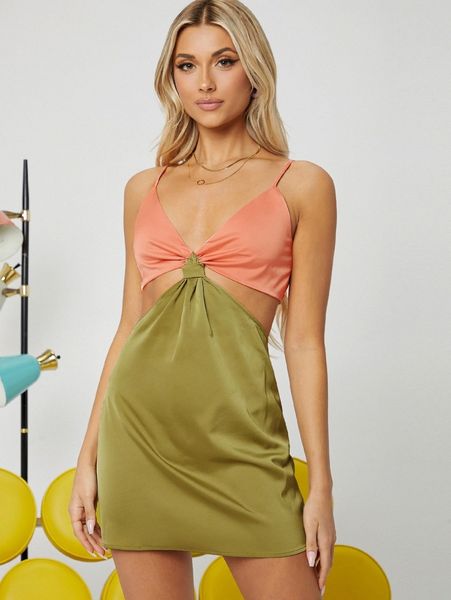 

club cutout waist ruched bust two tone satin slip dress x59s#, Black;gray