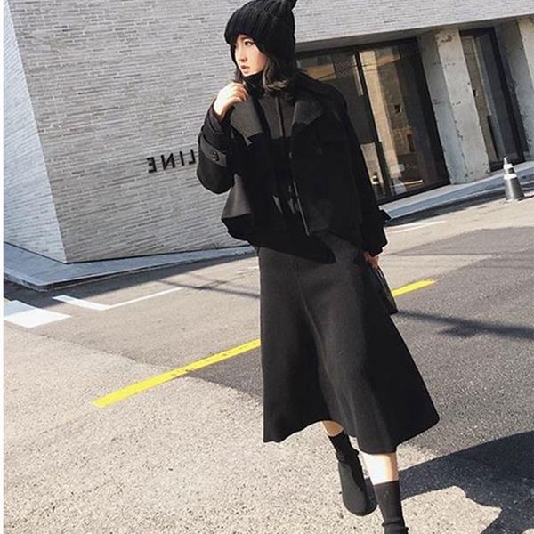 

cashmere wool knit a word female long section high waist solid color loose umbrella skirt y200326, Black