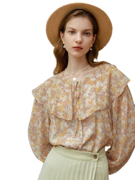 

simple retro ditsy floral bishop sleeve tie front statement collar blouse x2go#, White