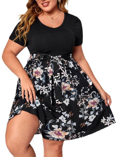 

plus floral print belted dress g4ag#, Black
