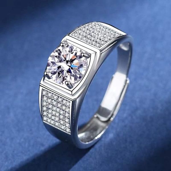 

cluster rings luxury s925 sterling silver 1ct d color vvs1 moissanite men ring plated white gold full diamond adjustable engaement gift, Golden;silver