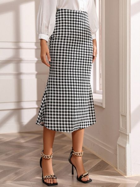 

high waist gingham mermaid hem skirt m4s4#, Black