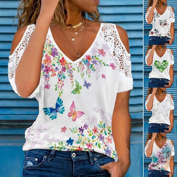 

casual lace short sleeve flower print tshirt womens summer v neck blouse elegant off shoulder fashion tshirt pullover 220608, White