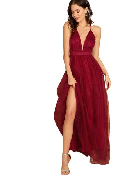 

plunging neck mesh-overlay maxi dress 19lj#, Black;gray