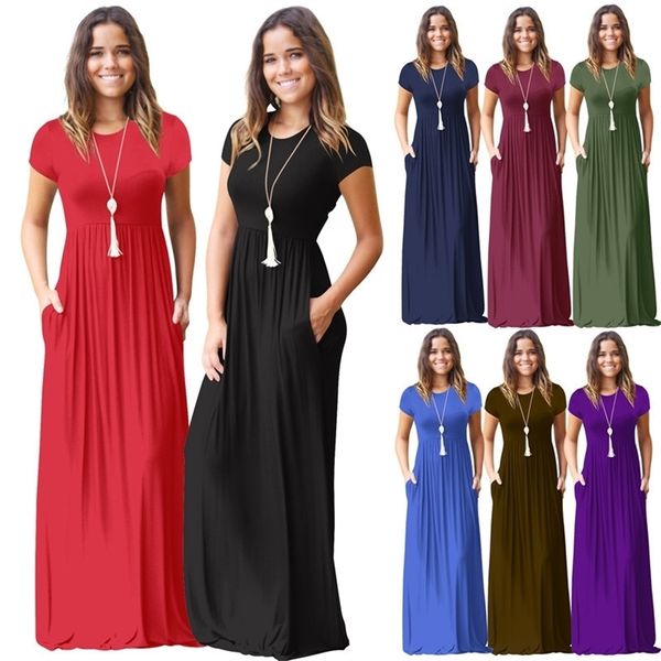 Neue Ankunft Frauen Sommer Kurzarm Casual Lange Kleid Party Schwarz Blau Rot Kleid Weibliche ONeck Lose Maxi Kleid Vestidos t200603