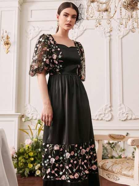 

floral embroidered mesh sweetheart neck dress v8kl#, Black;gray
