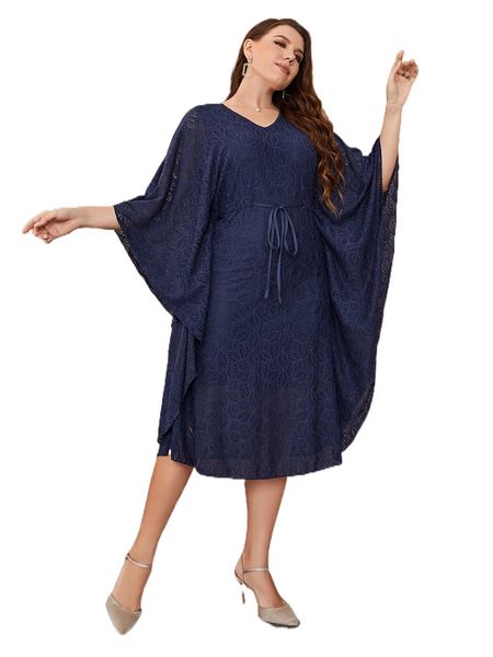 

plus drawstring waist batwing sleeve lace dress h7gg#, Black