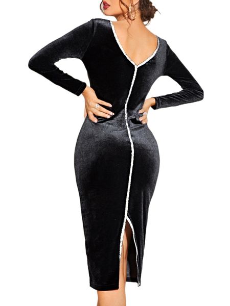 

contrast trim slit back bodycon dress without belt r9hw#, Black;gray