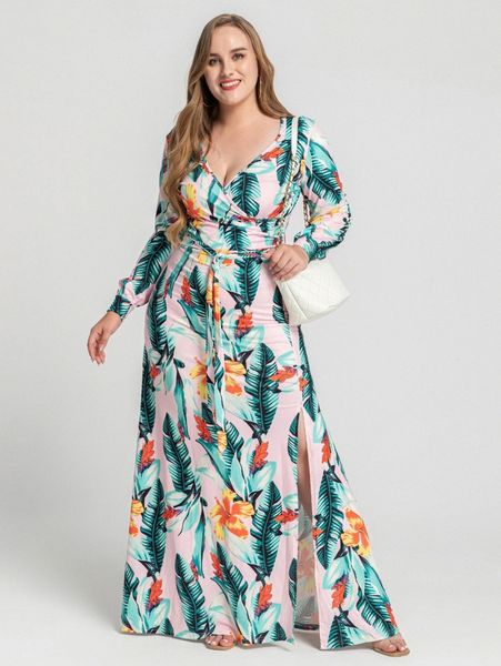 

plus tropical surplice neck belted split thigh dress 01tp#, Black