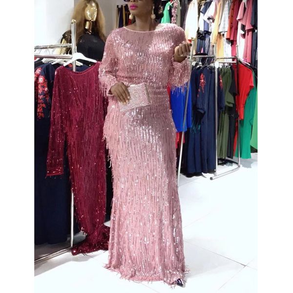 

long sleeve mermaid sequins autumn sparkly elegant plus size shiny party evening african clothes dres floor length y200805, Black;pink