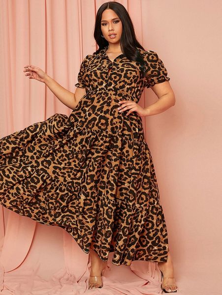 

plus leopard print puff sleeve dress r9uj#, Black