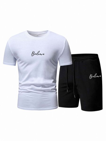 

men letter graphic tee & drawstring waist shorts 30c1#, Gray