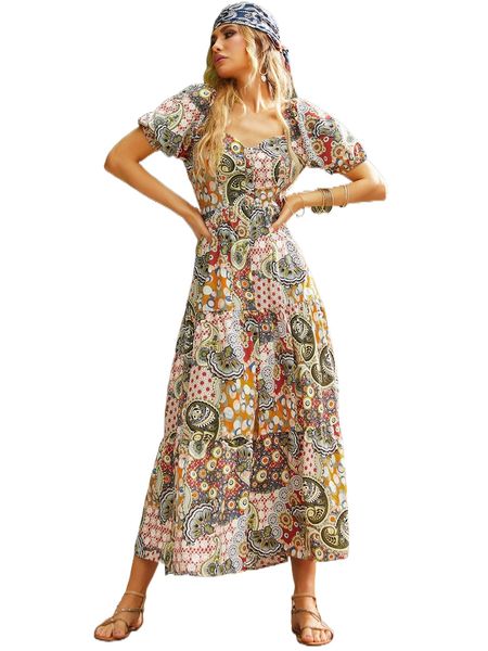 

luukse paisley & polka dot print tie backless split thigh ruffle hem dress z8ul#, Black;gray