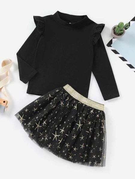 

toddler girls ruffle trim tee & contrast tape star mesh skirt she, White