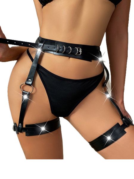 

patent ring buckled detail harness garter without liner i8o5#, Black;red