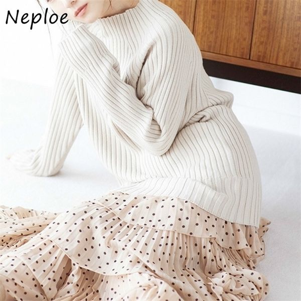 

neploe autumn o-neck long sleeve pullovers casual simple slim fit sweaters women solid color fashion warm 1g887 201204, White;black